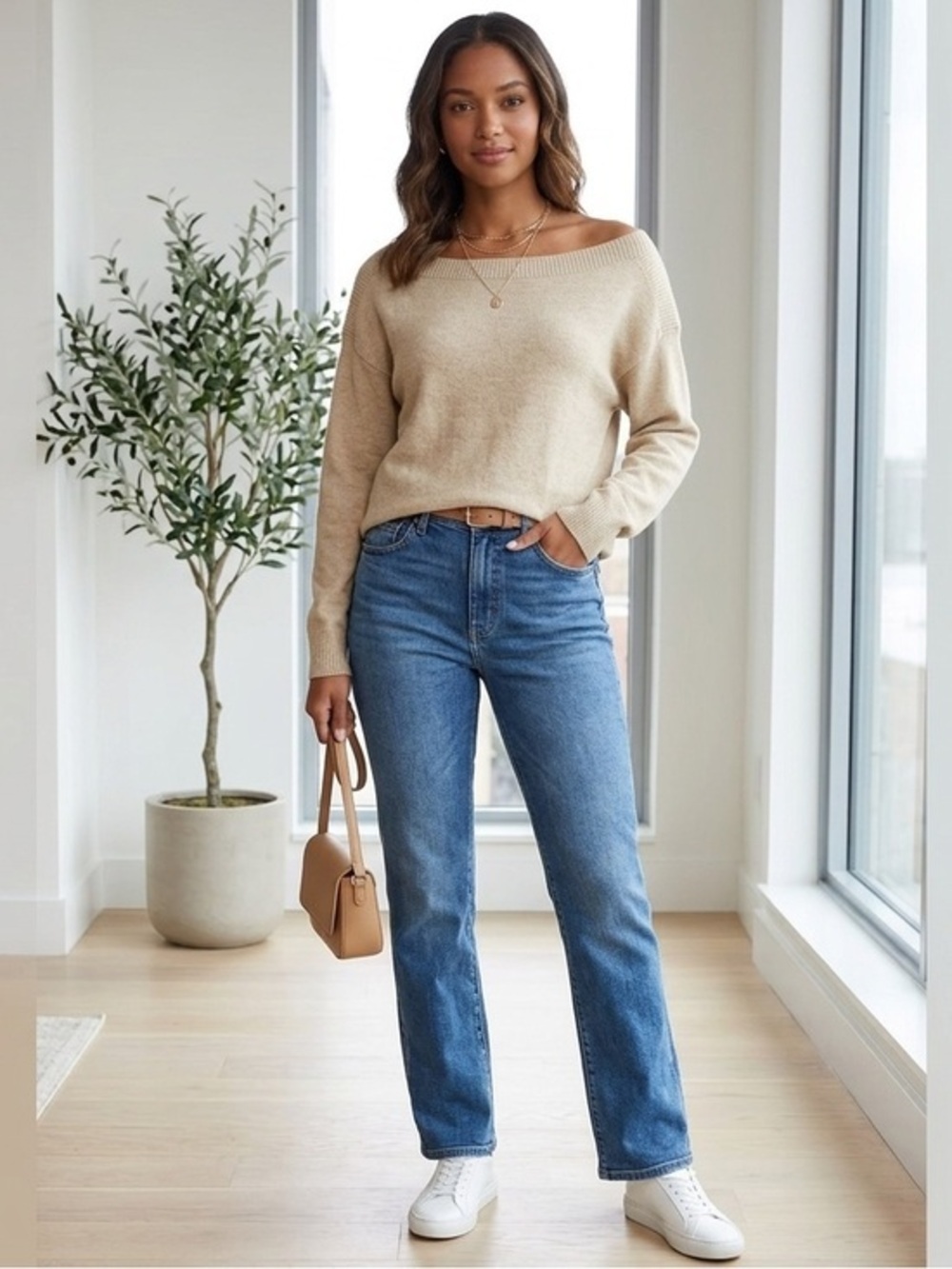 NWT Joe Fresh Womens Medium Sweater Top M Oatmeal Beige Off Shoulder Boat Neck